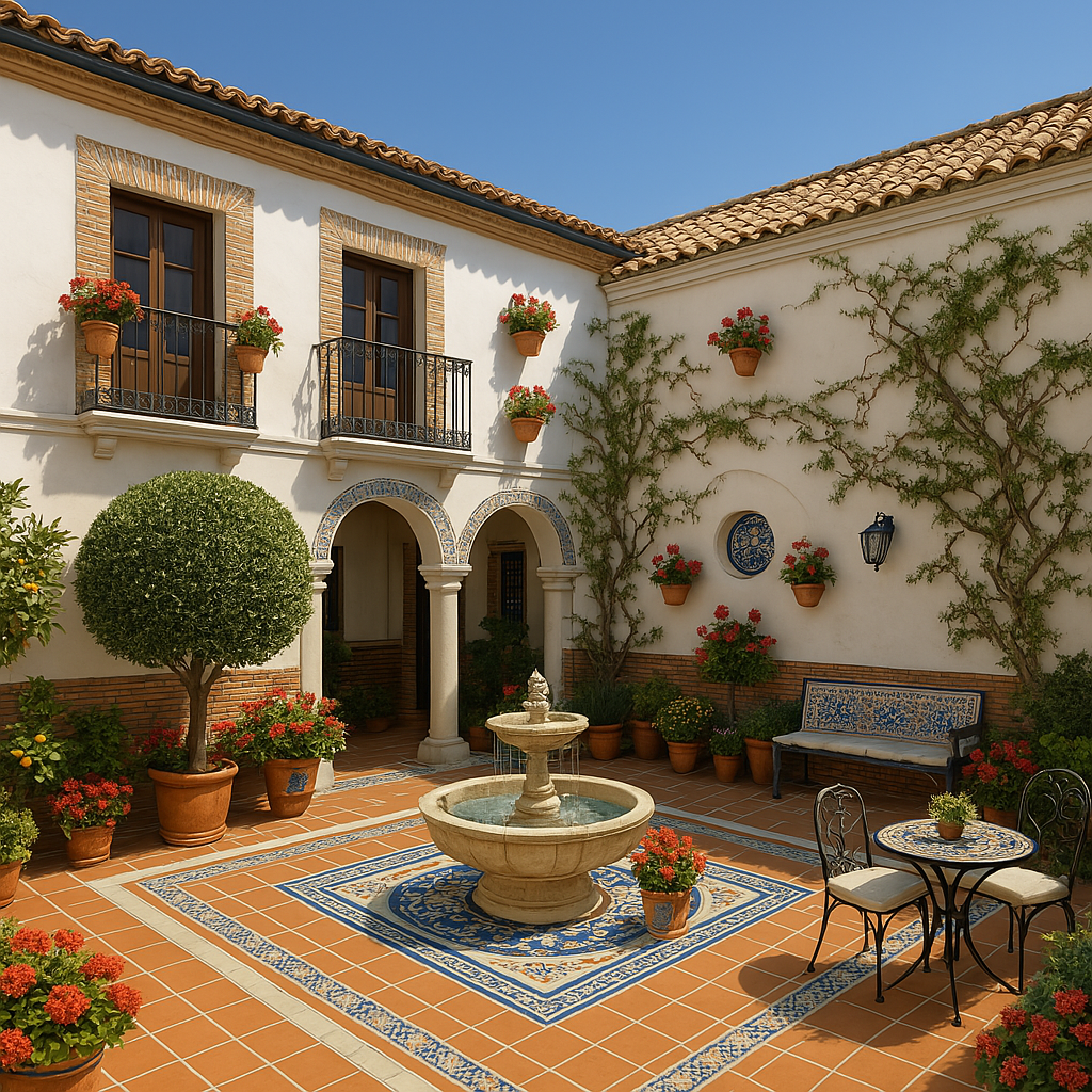 Patio con fuente y flores

